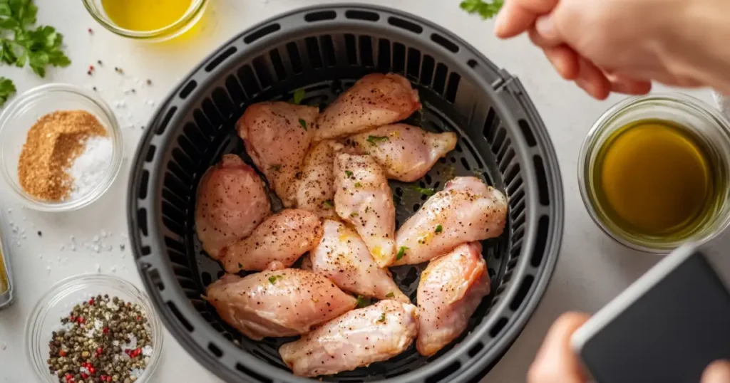  Close-up of raw, seasoned chicken wings placed in an air fryer basket, surrounded by small bowls of olive oil, spices, and fresh herbs on a white countertop.