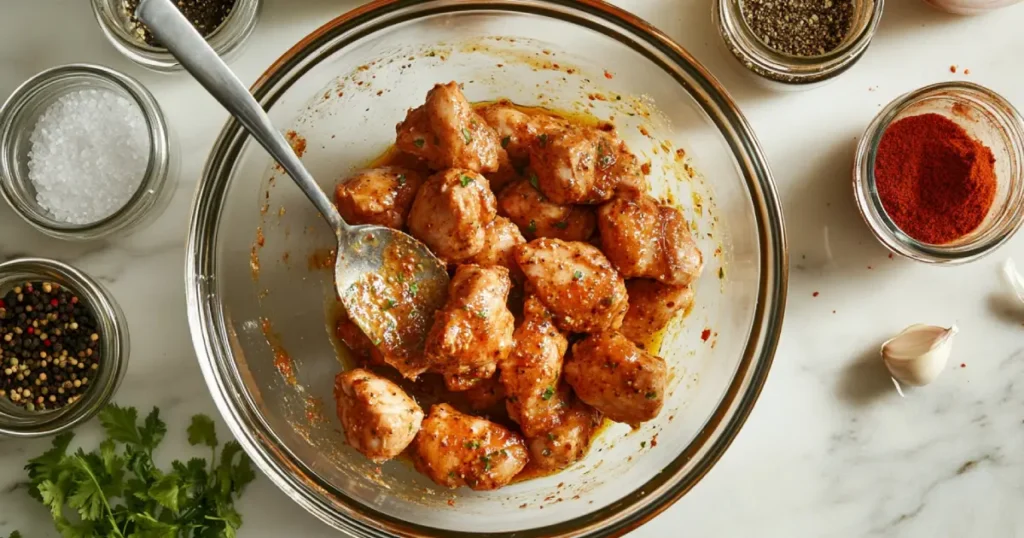 Glass bowl filled with seasoned chicken chunks coated in a vibrant spice mix, surrounded by jars of spices, fresh parsley, garlic, and a spoon resting in the bowl.