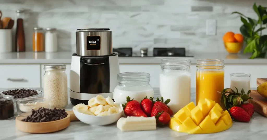 A Ninja blender displayed on a modern kitchen countertop surrounded by fresh ingredients, including sliced bananas, strawberries, mango chunks, jars of milk, orange juice, and chocolate chips.