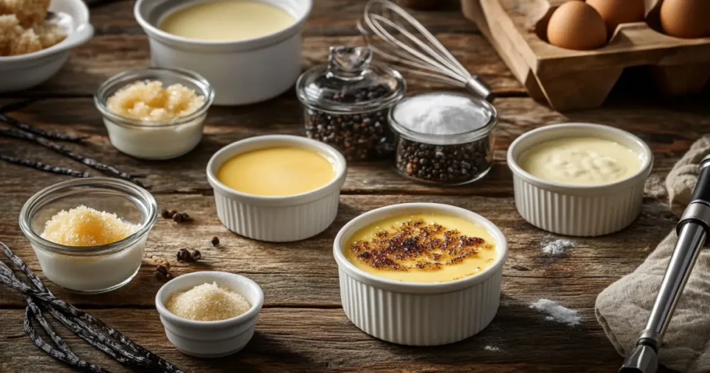 Rustic setup featuring ramekins of crème brûlée on a wooden table, surrounded by vanilla beans, sugar, eggs, and a whisk.