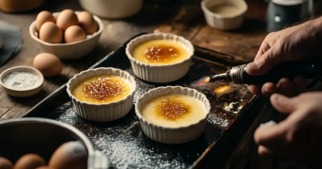 A chef caramelizing the sugar topping on ramekins of crème brûlée using a handheld torch, with a rustic kitchen setup including eggs and sugar in the background.