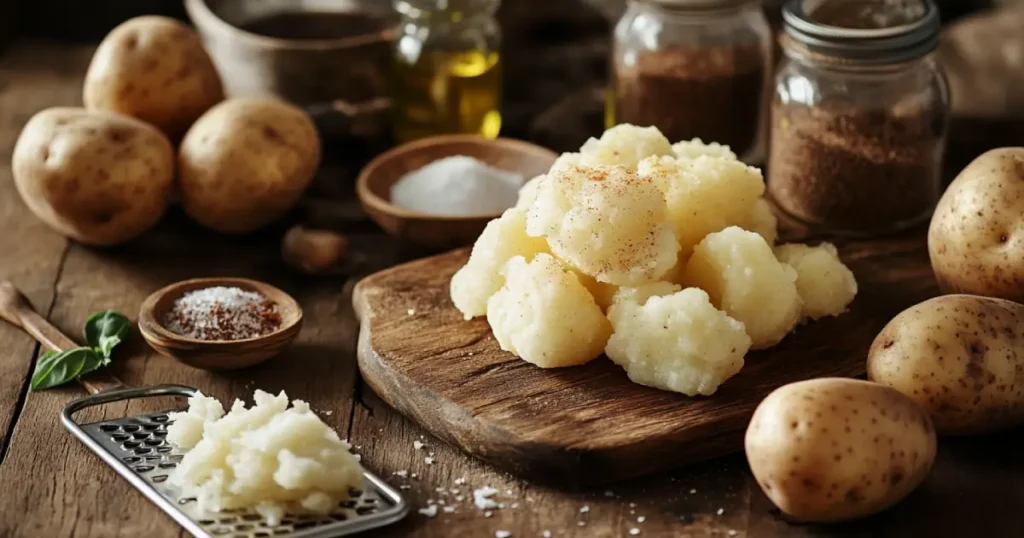 Ingredients for cooking hash browns in an air fryer, including russet potatoes, olive oil, seasoning jars, shredded potatoes, and frozen hash brown patties, arranged on a rustic wooden countertop with warm natural lighting.