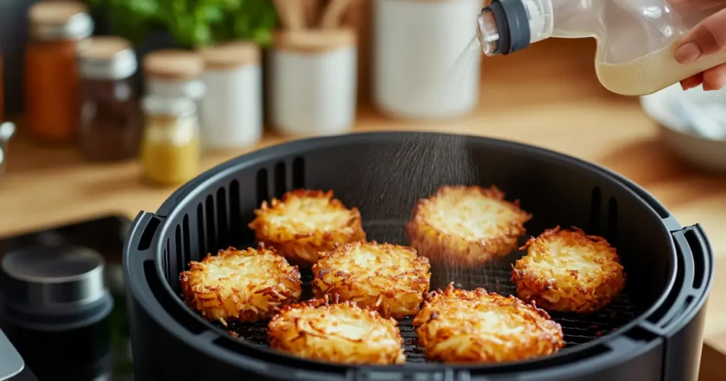 Step-by-step process of cooking hash browns in an air fryer, including preheating, placing hash browns in the basket, spraying with oil, and achieving golden brown crispiness