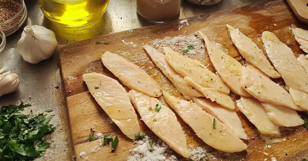 Thin chicken breasts on a wooden cutting board, surrounded by garlic, olive oil, and fresh herbs, ready for seasoning and cooking