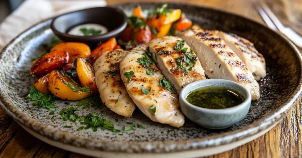 Thin chicken breasts on a wooden cutting board, surrounded by garlic, olive oil, and fresh herbs, ready for seasoning and cooking.