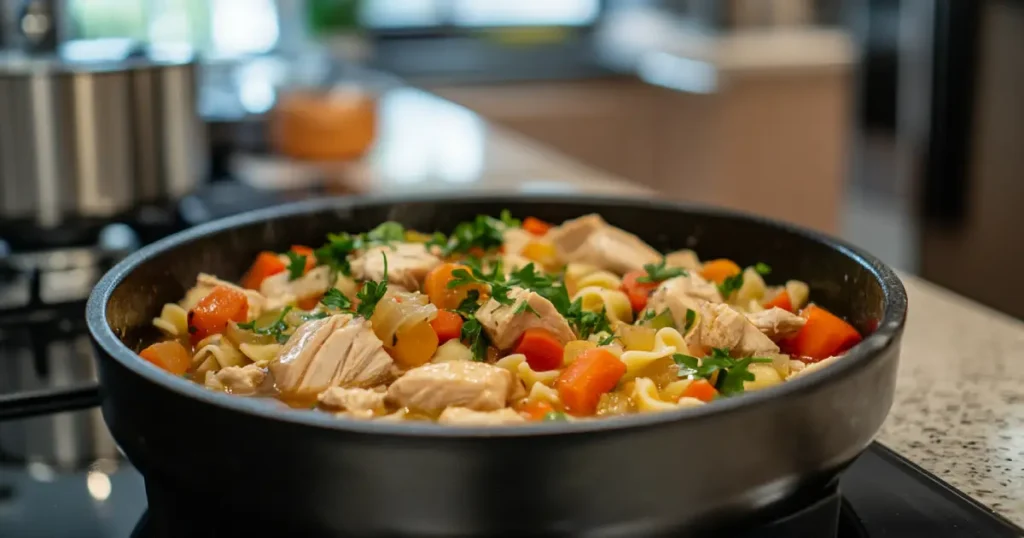 A hearty skillet of chicken noodle soup with vibrant vegetables and fresh parsley, simmering on a stovetop.