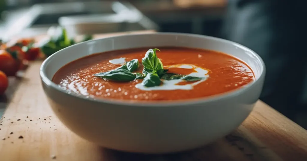 A bowl of creamy tomato soup garnished with fresh basil leaves and a swirl of cream, served on a wooden countertop.