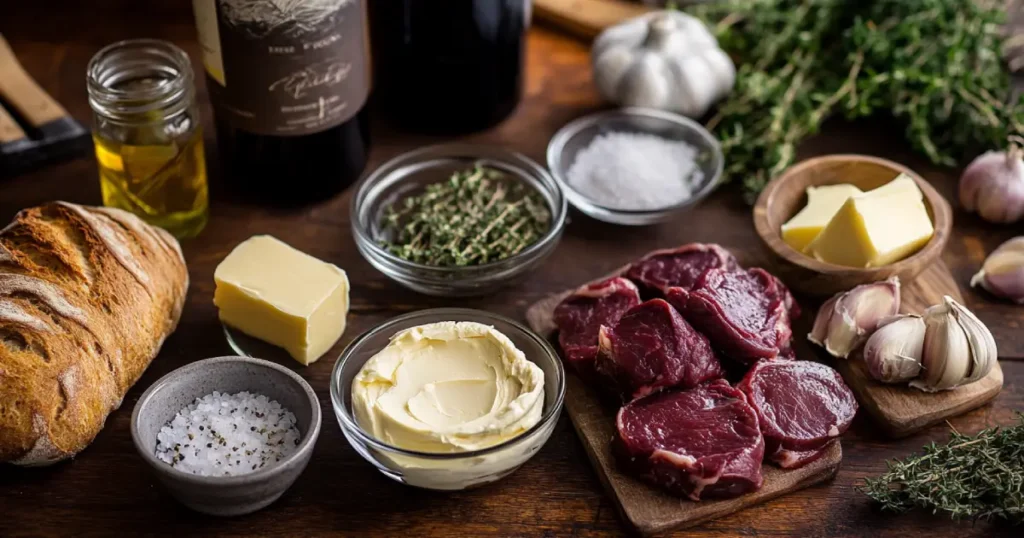 Fresh ingredients for a French beef kidney recipe, including cleaned beef kidneys, onions, garlic, butter, cream, white wine, and fresh herbs on a rustic wooden table.