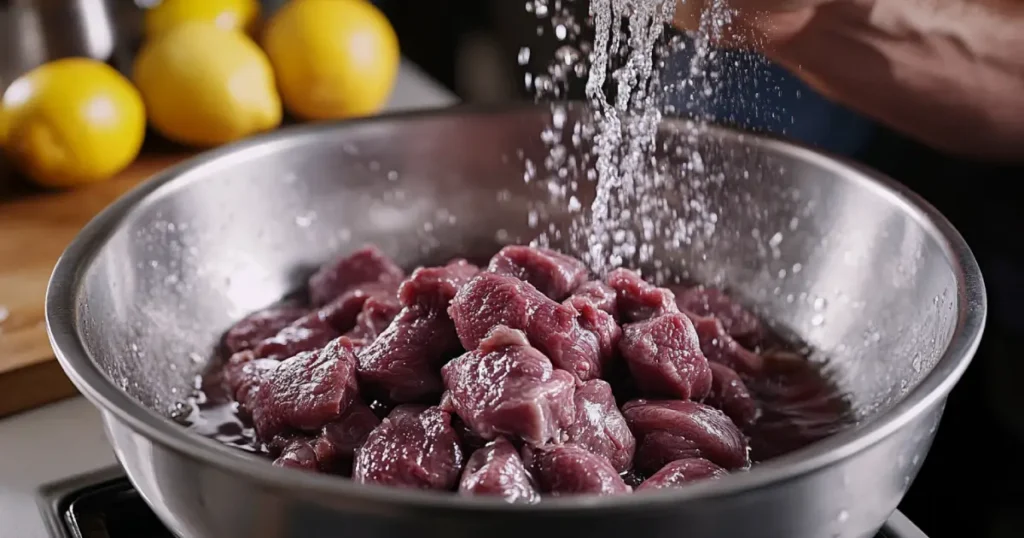 Step-by-step process of cleaning and preparing beef kidneys, showing sliced kidneys being rinsed, trimmed, and soaked in water with lemon on a rustic kitchen countertop.