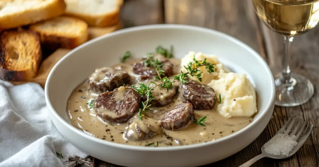 French beef kidney rognon served in a creamy sauce with fresh parsley garnish, accompanied by crusty bread and a side of roasted vegetables on a rustic wooden table.