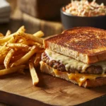 A golden-brown classic patty melt sandwich with a juicy beef patty, caramelized onions, and melted Swiss cheese between toasted rye bread, served on a rustic wooden plate wit