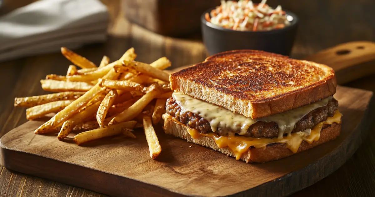 A golden-brown classic patty melt sandwich with a juicy beef patty, caramelized onions, and melted Swiss cheese between toasted rye bread, served on a rustic wooden plate wit