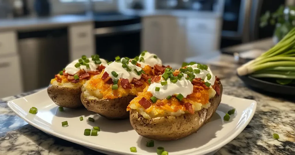 Golden and creamy twice-baked potatoes topped with melted cheese, crispy bacon, and fresh chives, served on a rustic wooden plate.