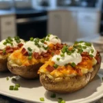 Golden and creamy twice-baked potatoes topped with melted cheese, crispy bacon, and fresh chives, served on a rustic wooden plate.