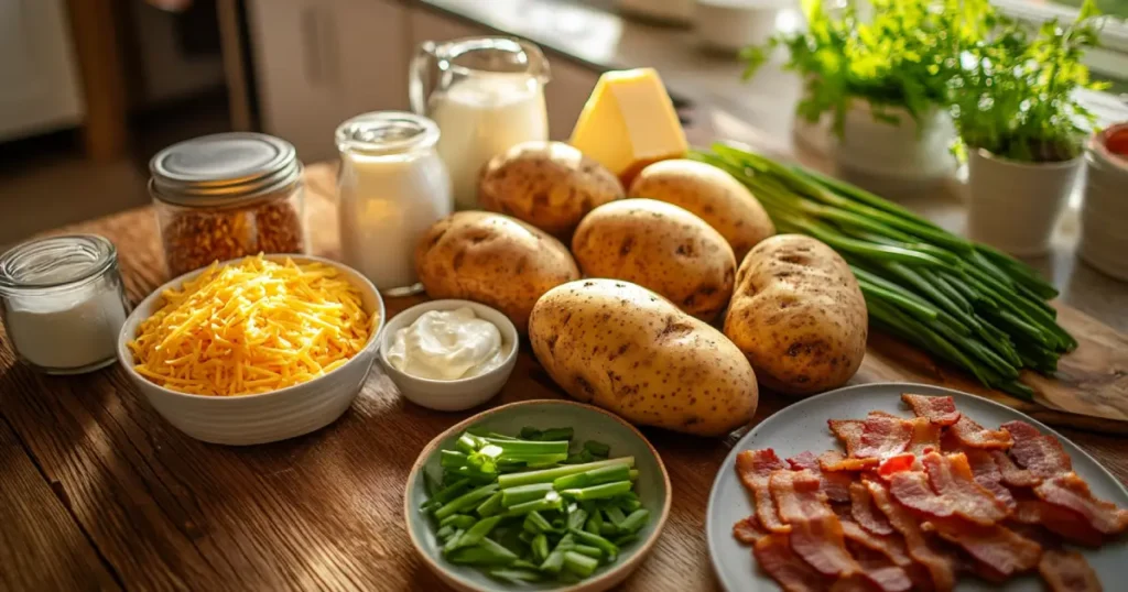 Ingredients for twice-baked potatoes including russet potatoes, shredded cheese, sour cream, crispy bacon, butter, green onions, and spices, neatly arranged on a rustic kitchen countertop.