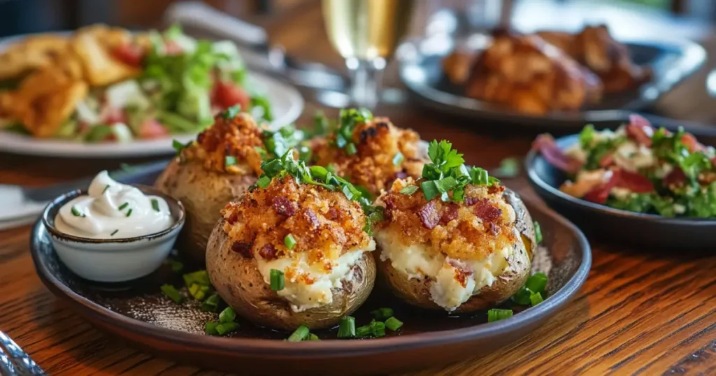 Twice-baked potatoes served on a rustic wooden plate, garnished with fresh chives, crispy bacon, and melted cheese, alongside a side salad and roasted chicken.