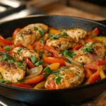 A colorful dish of chicken and bell peppers cooked with onions and spices, served on a rustic plate with fresh herbs for garnish.