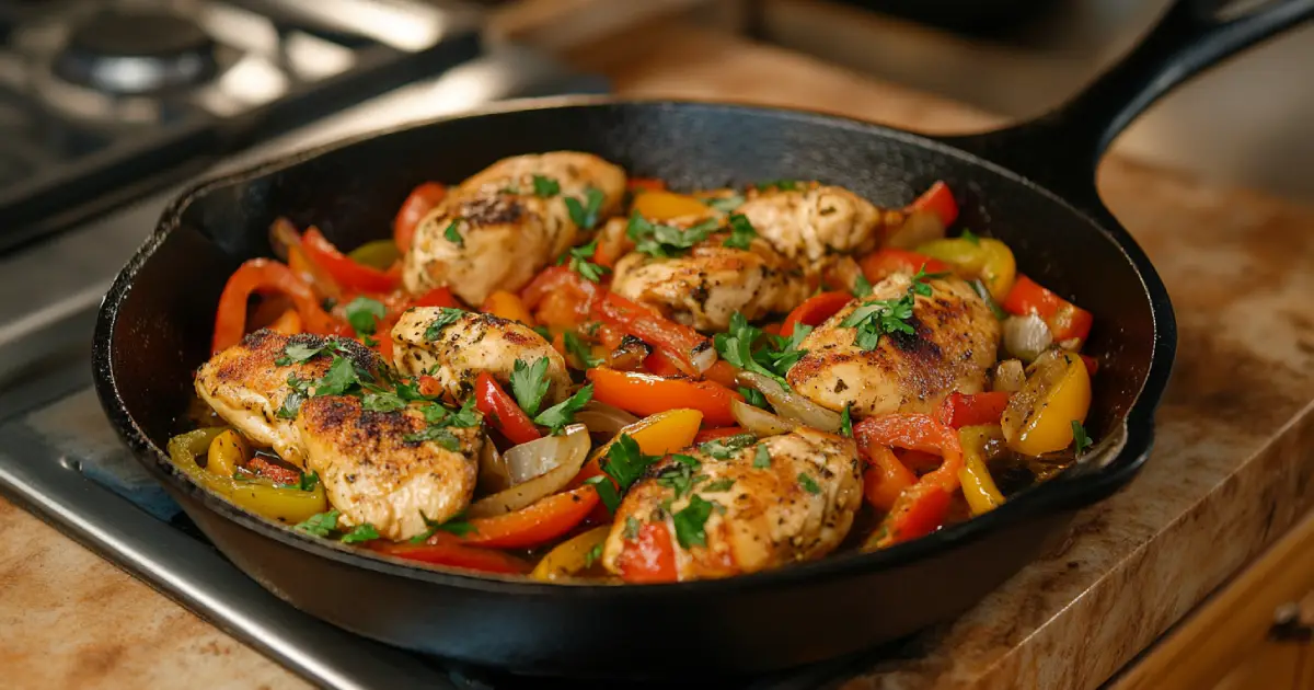 A colorful dish of chicken and bell peppers cooked with onions and spices, served on a rustic plate with fresh herbs for garnish.