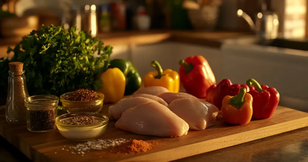 A flat lay of fresh ingredients for a chicken and peppers dish, including raw chicken, colorful bell peppers, garlic, olive oil, and spices.