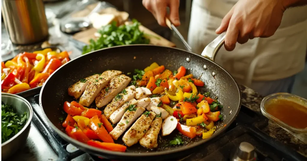 A cooking process showing chicken being sautéed in a skillet alongside colorful bell peppers and onions with seasonings.