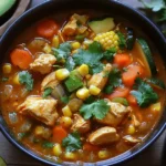 Caldo de pollo recipeA steaming bowl of caldo de pollo with tender chicken, vibrant vegetables, and fresh garnishes like cilantro and lime.