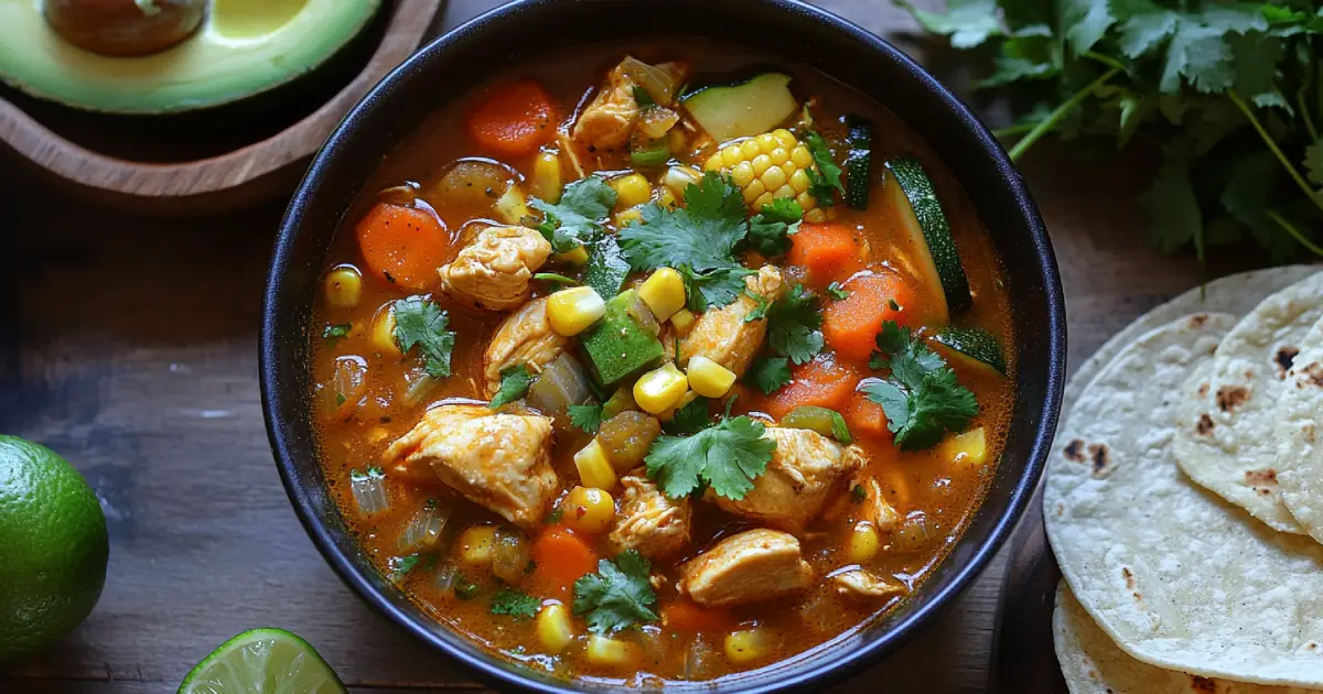 Caldo de pollo recipeA steaming bowl of caldo de pollo with tender chicken, vibrant vegetables, and fresh garnishes like cilantro and lime.