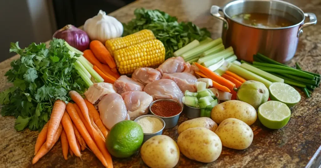 Fresh ingredients for caldo de pollo, including chicken, carrots, potatoes, zucchini, cilantro, and lime on a wooden countertop.