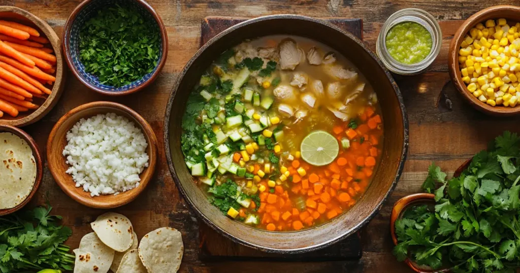 A pot of caldo de pollo simmering with chicken, carrots, zucchini, and potatoes, garnished with fresh cilantro and lime slices."