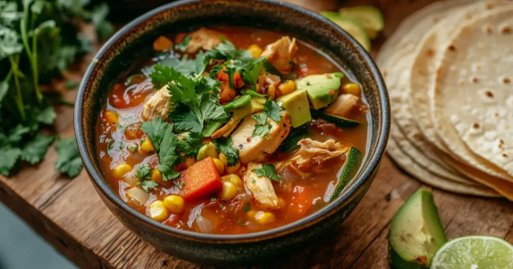 A bowl of caldo de pollo served with warm corn tortillas, Mexican rice, and a refreshing glass of hibiscus agua fresca.