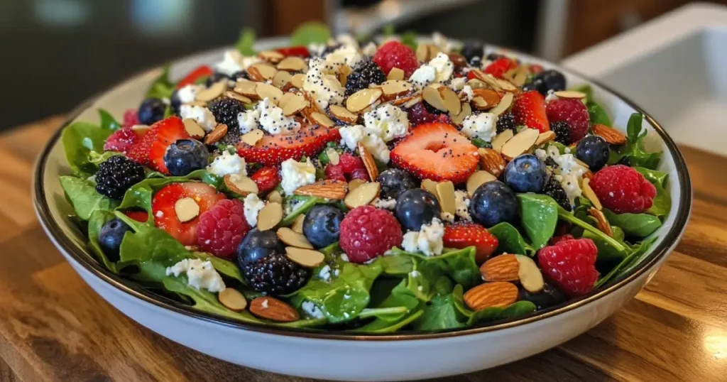 A vibrant bowl of berry salad with fresh strawberries, blueberries, and raspberries, topped with poppy seeds, served in natural lighting on a rustic wooden table.