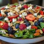 A vibrant bowl of berry salad with fresh strawberries, blueberries, and raspberries, topped with poppy seeds, served in natural lighting on a rustic wooden table.