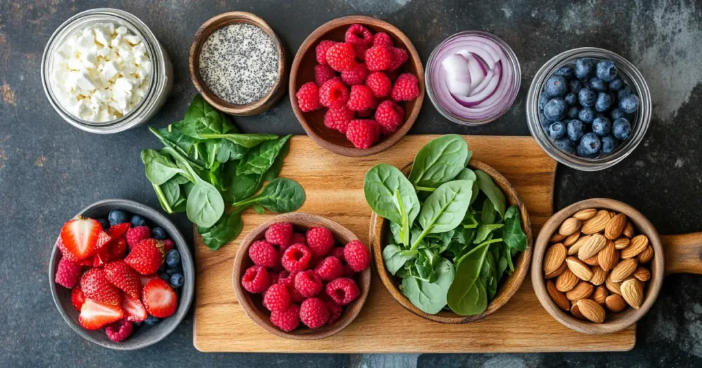 A beautifully arranged display of ingredients for berry salad with poppy seeds, including fresh strawberries, blueberries, raspberries, honey, lemon, and poppy seeds, set on a rustic wooden surface under natural lighting.