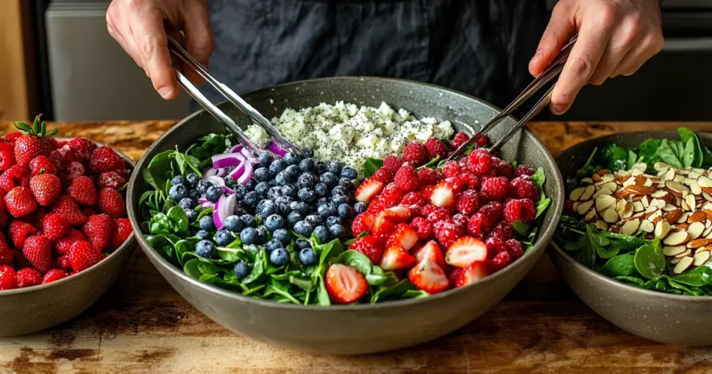 A step-by-step preparation of mixed berry salad with poppy seeds, featuring a vibrant mix of fresh strawberries, blueberries, raspberries, and a drizzle of honey dressing, all captured in natural lighting on a rustic kitchen countertop.