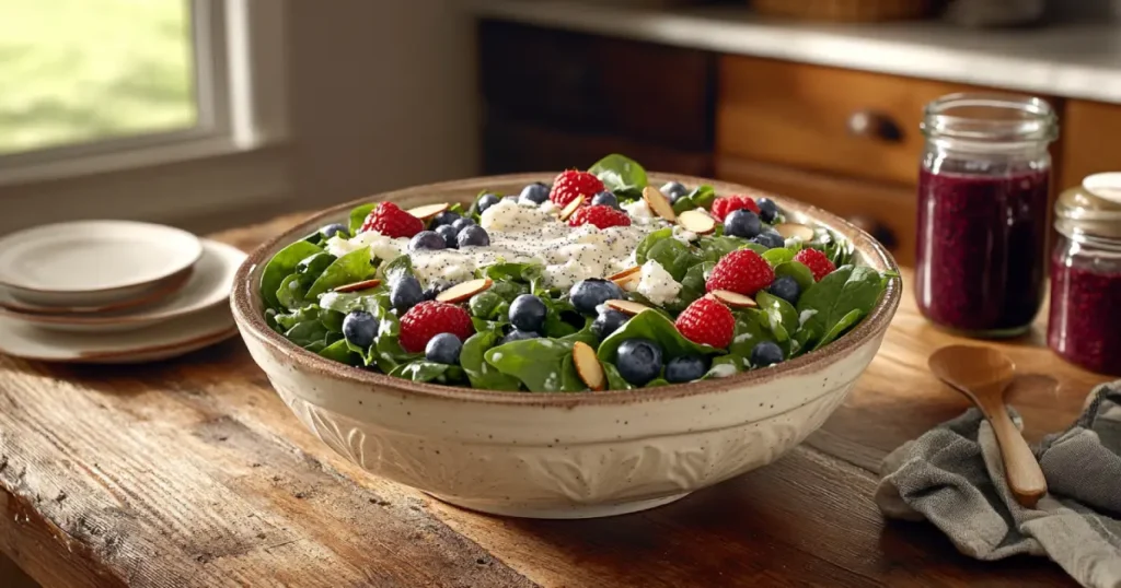 A beautifully served mixed berry salad with poppy seeds, featuring vibrant strawberries, blueberries, and raspberries, drizzled with a light honey dressing, presented in a rustic bowl on a wooden table with natural lighting.