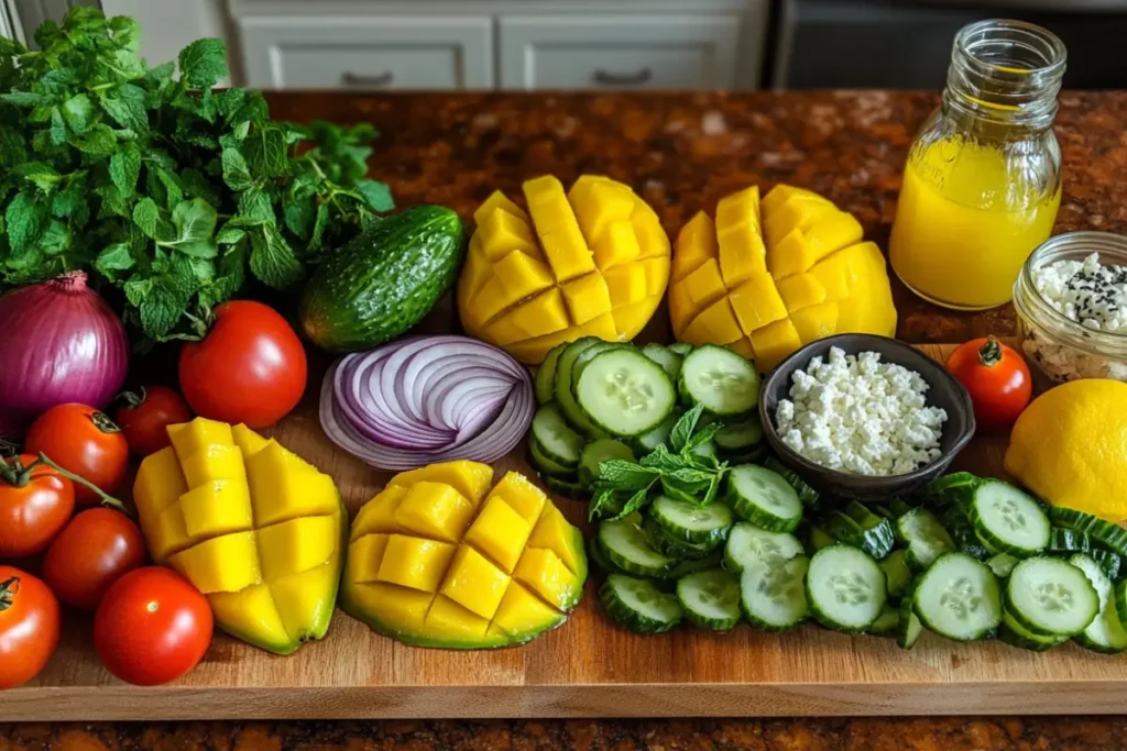 Fresh ingredients for Mediterranean-Style Mango Salad: ripe mangoes, cherry tomatoes, cucumber, red onion, feta cheese, fresh parsley, olive oil, lemon juice, salt, and pepper, beautifully arranged on a rustic wooden surface.