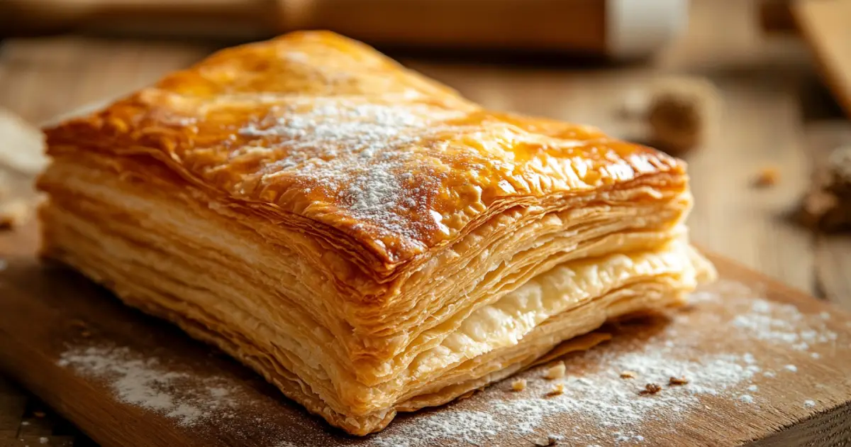 Golden and flaky puff pastry dessert, freshly baked, with a buttery texture and perfect layers, served on a rustic wooden table