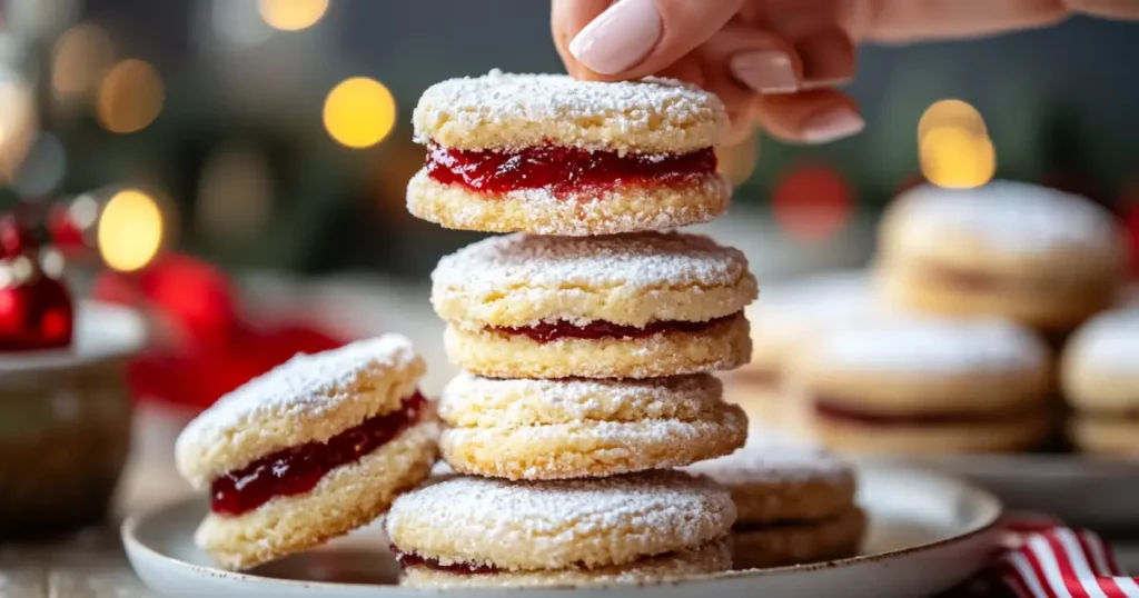 Freshly baked strawberry shortbread cookies arranged on a rustic wooden platter, garnished with fresh strawberries and a dusting of powdered sugar.