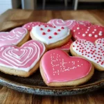 Freshly baked heart-shaped cookies with pink and red icing, decorated with sprinkles on a wooden table.