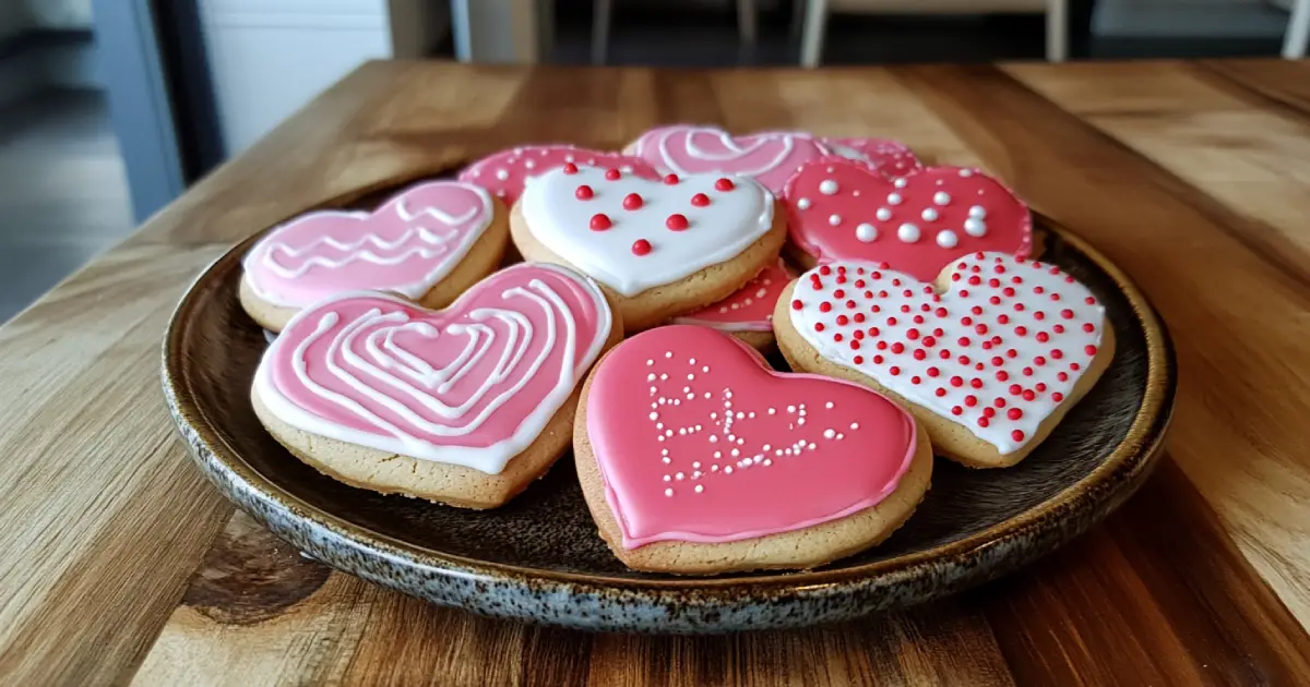 Freshly baked heart-shaped cookies with pink and red icing, decorated with sprinkles on a wooden table.