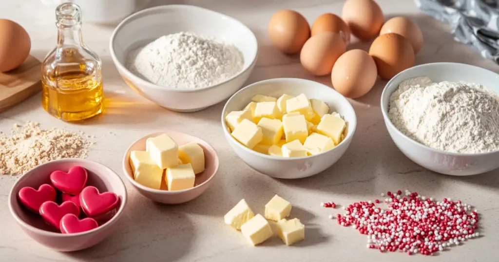 Heart-shaped cookie ingredients on a wooden countertop, including flour, butter, sugar, and eggs.