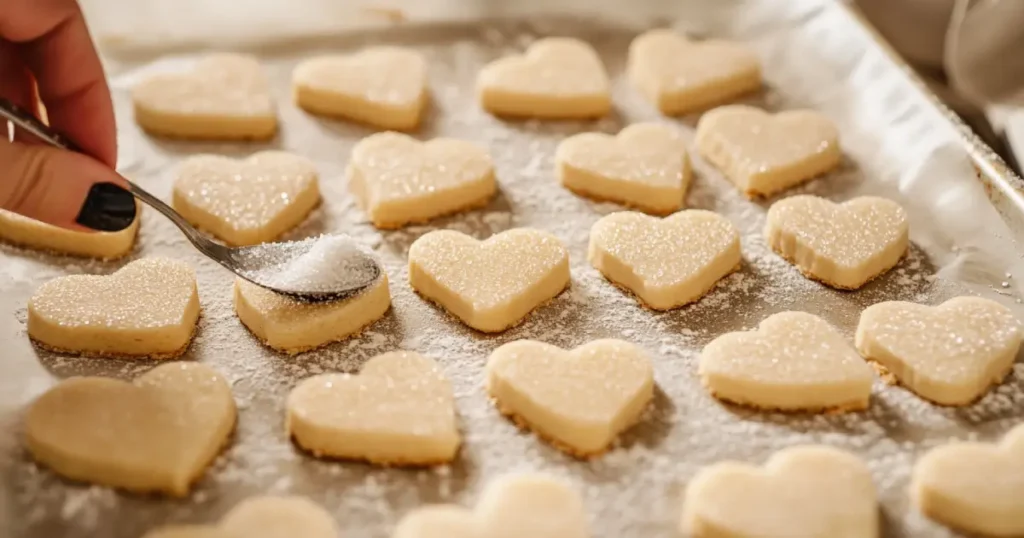 Baking heart-shaped cookies step by step, showing dough rolling, cutting with a heart-shaped cutter, and decorating with icing.