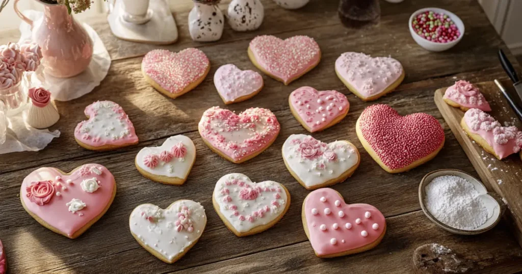 Beautifully decorated heart-shaped cookies with colorful icing, sprinkles, and chocolate drizzle on a baking tray.