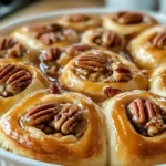 Golden and flaky homemade Pecan Rolls on a rustic wooden countertop, dusted with powdered sugar, surrounded by butter, pecans, and flour for a natural and cozy look.