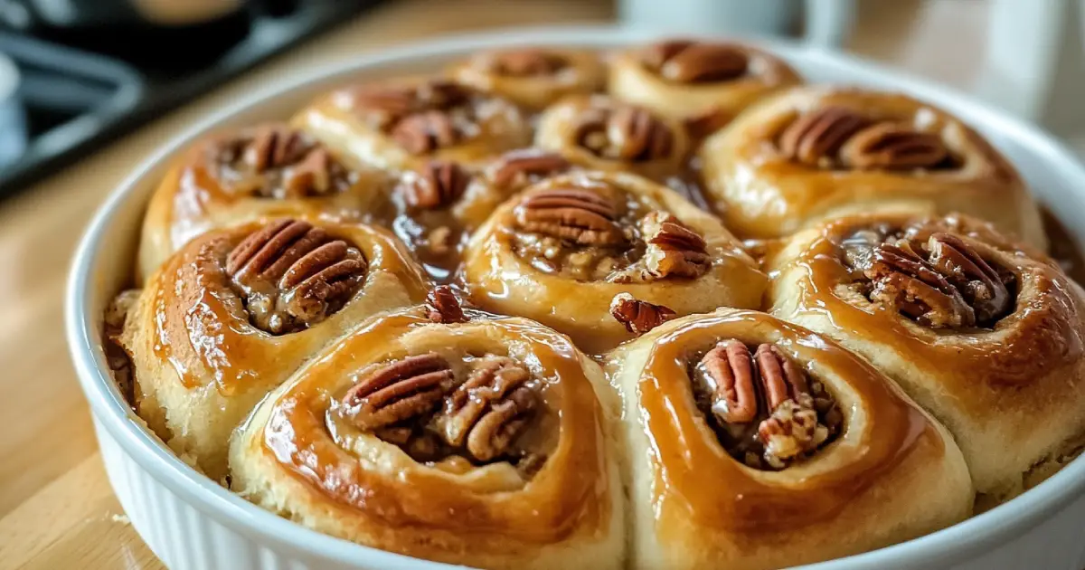 Golden and flaky homemade Pecan Rolls on a rustic wooden countertop, dusted with powdered sugar, surrounded by butter, pecans, and flour for a natural and cozy look.