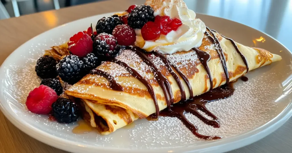 Delicious dessert crêpes folded with Nutella and fresh strawberries, topped with powdered sugar and a drizzle of chocolate sauce, served on a white plate