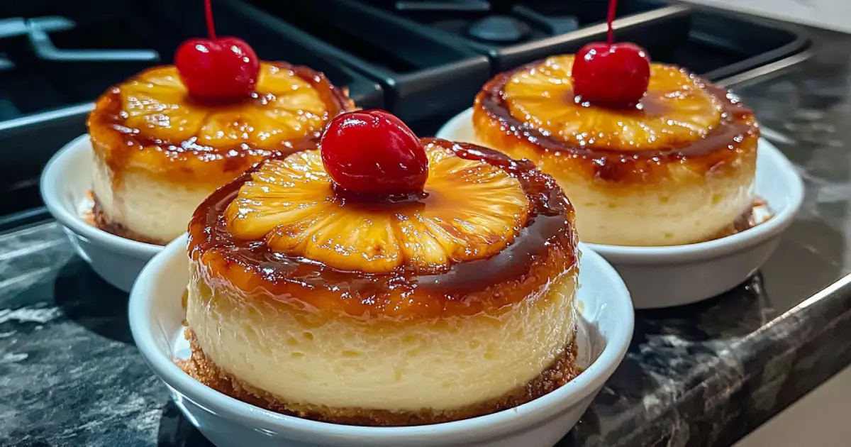 Homemade Mini Pineapple Upside-Down Cheesecake with a golden caramelized pineapple ring and a red cherry on top, served on a white plate with a spoonful taken out, revealing its creamy texture and graham cracker crust.