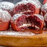 Molten red velvet cake with a gooey cream cheese center, served with fresh berries and powdered sugar.