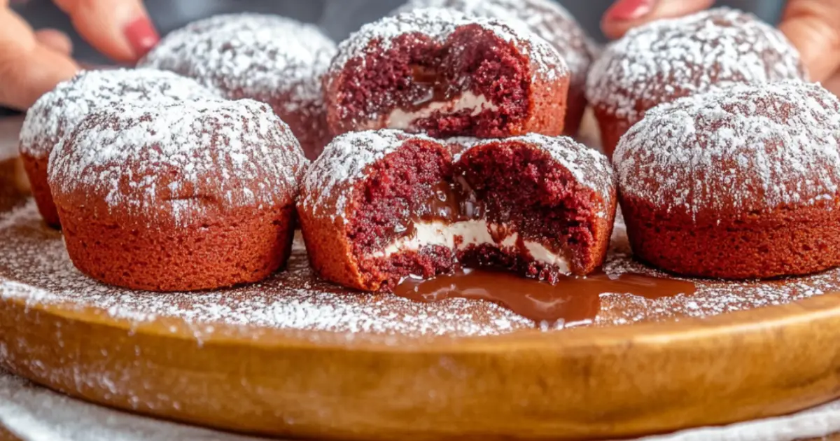 Molten red velvet cake with a gooey cream cheese center, served with fresh berries and powdered sugar.