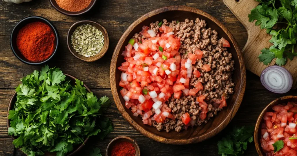 Flat lay of fresh ingredients for taco soup frios, including ground beef, beans, tomatoes, and spices on a wooden surface.