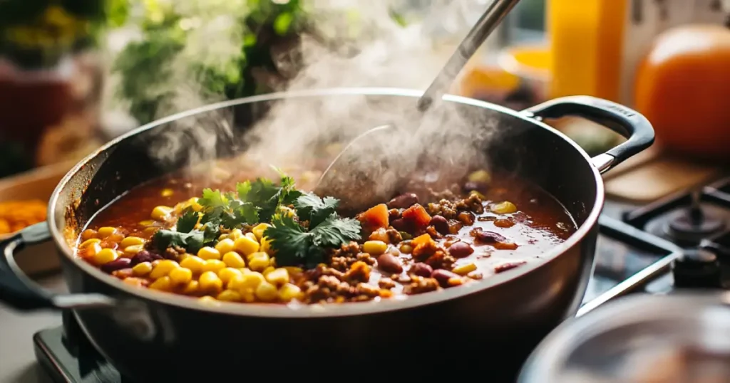 A steaming pot of taco soup frios with a ladle stirring vibrant red broth filled with beans, corn, and beef.